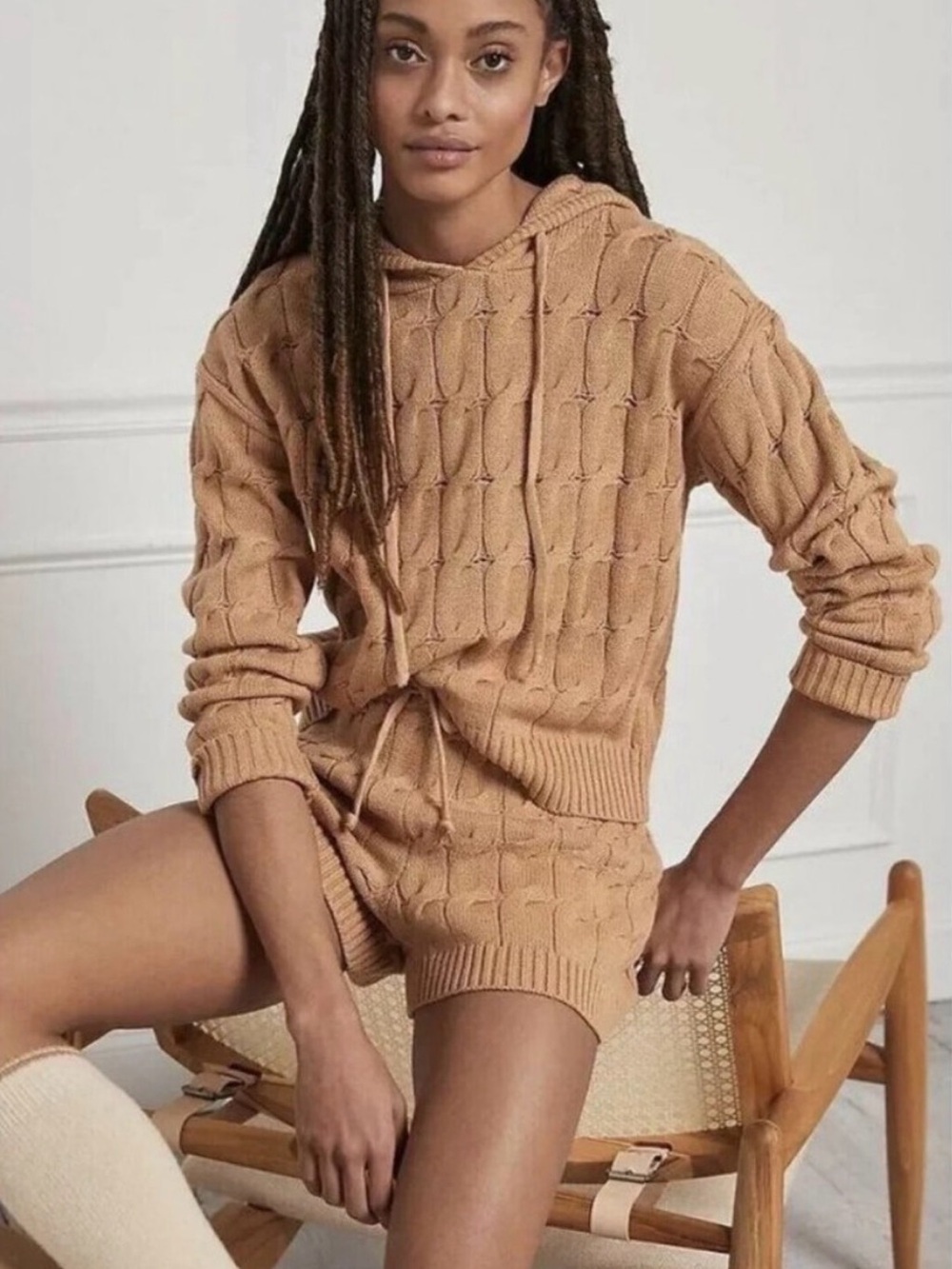 Anthropologie-Cable Knit Hooded Sweater and Short Set - Camel